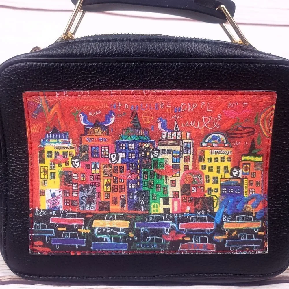 Derimod Small Black Red Faux Leather Crossbody Bag Cityscape Box Purse
